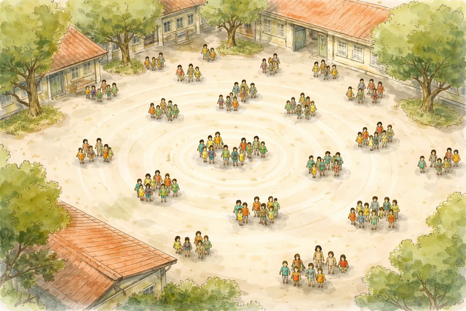 Bird's-eye view of a school courtyard with groups of children and ripple rings suggesting spreading impact