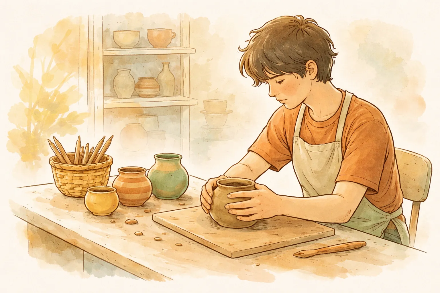 Young person shaping clay pottery in a workshop, finished pots on the table