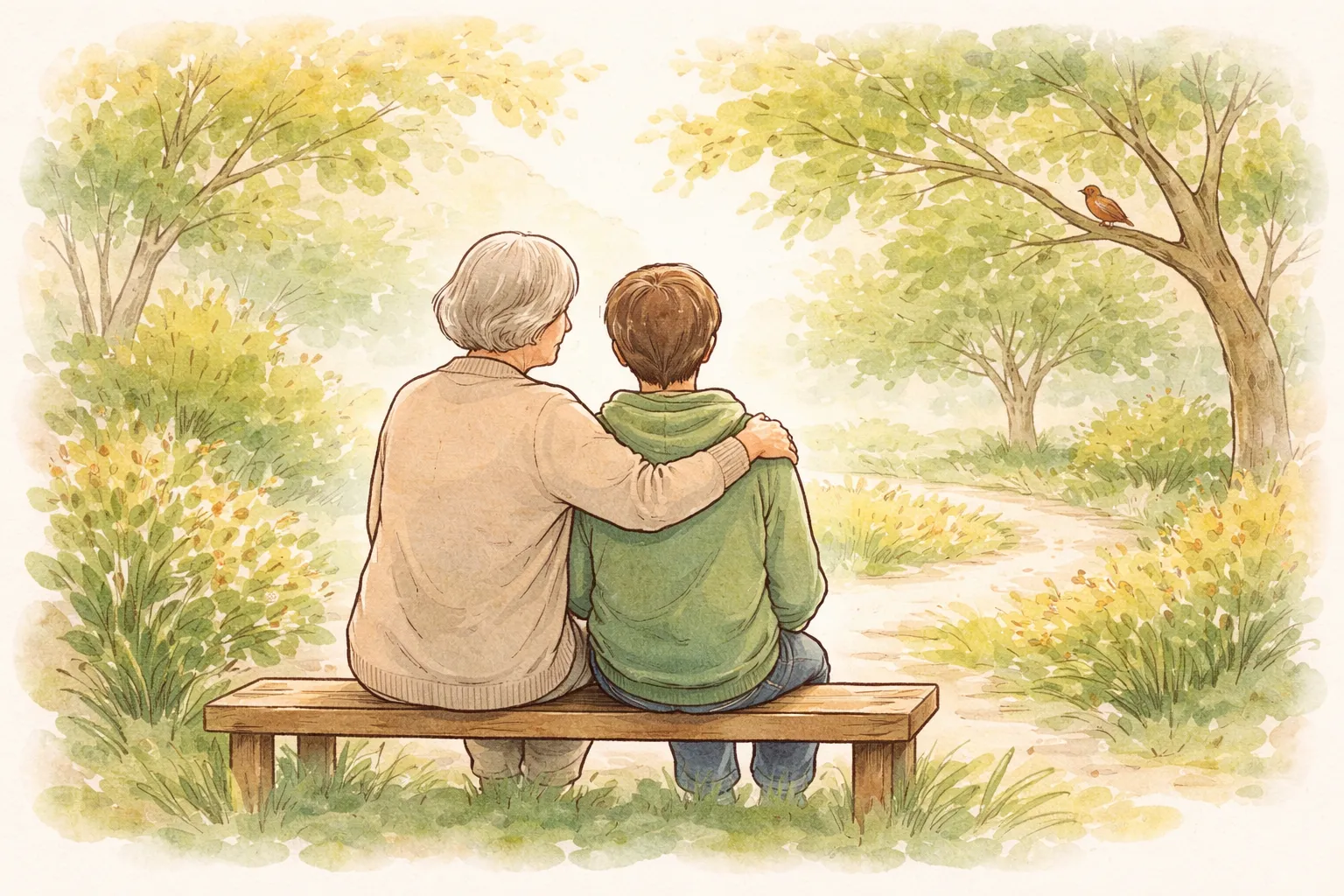 A caregiver and young person sitting together on a bench in a peaceful garden