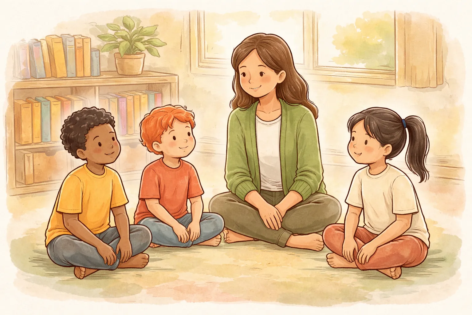 A warm classroom with wooden chairs arranged in a circle, morning sunlight streaming through a window