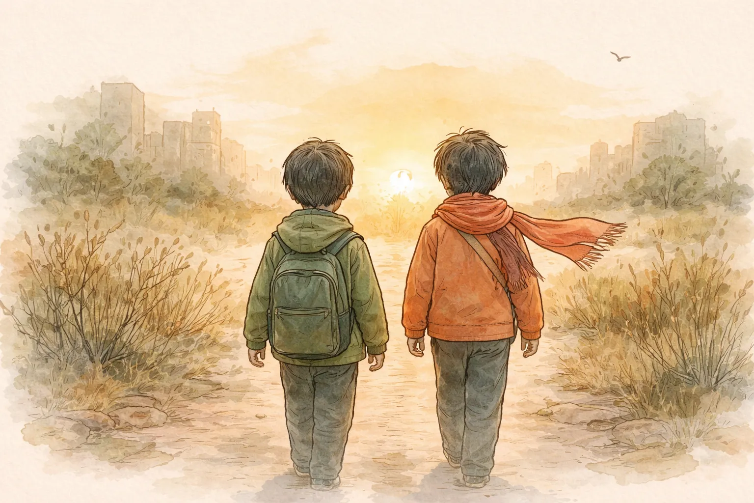 A quiet path leading toward golden sunrise, with faint ruins dissolving into light